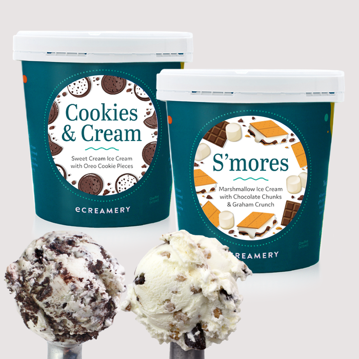 Photo of 2 different ice cream pints & ice cream scoops