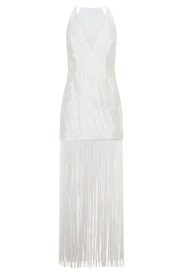 Abigail V Neck Fringe Maxi Dress - White