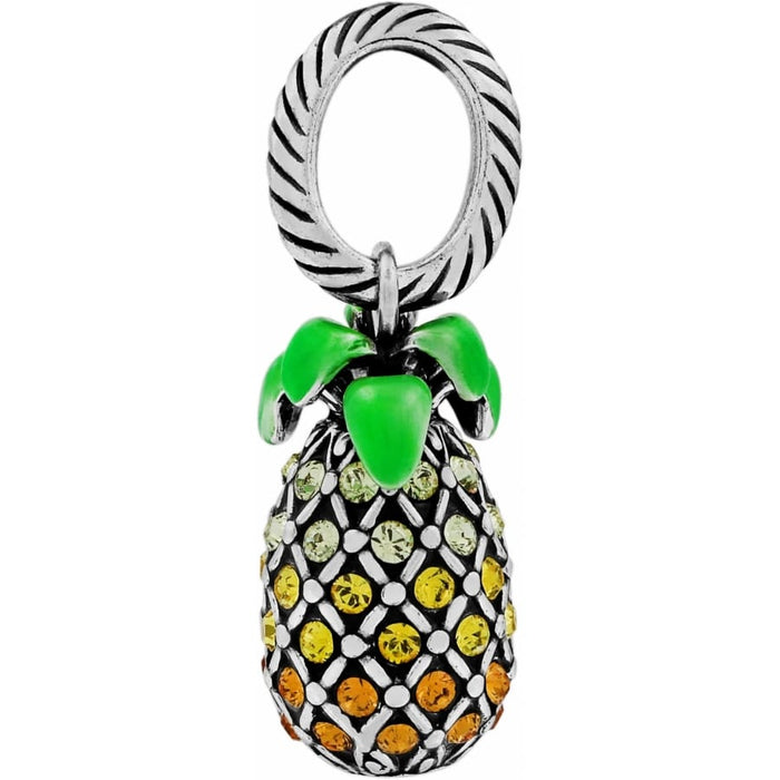 Brighton pineapple charm with yellow and orange crystals and green enamel leaves on a white background