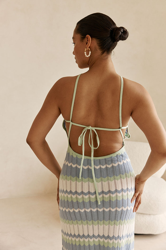 White Blue and Green Stripe Knit Halter Maxi Bexley Dress