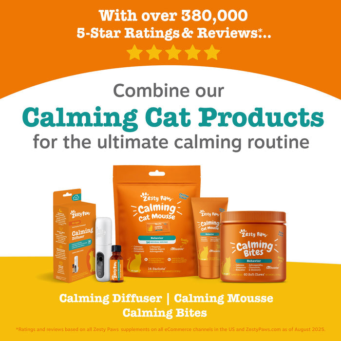 White diffuser device with orange bottle and multiple orange pouches and containers of cat calming products on orange and yel