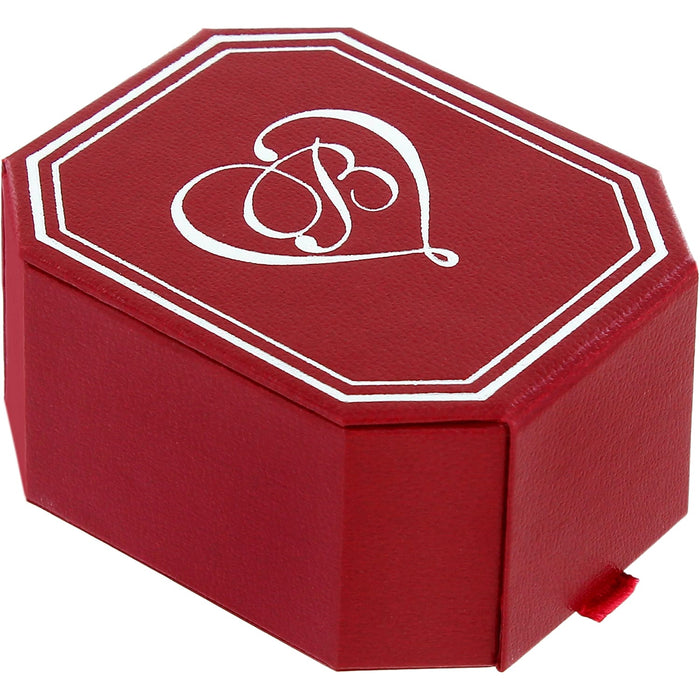 Brighton red octagonal jewelry gift box with white scroll heart monogram and decorative border on a white background
