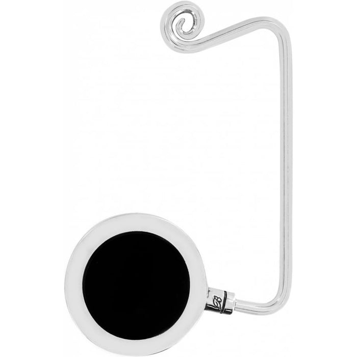 Brighton bag hook with silver-tone scroll hook and round black medallion accent on a white background