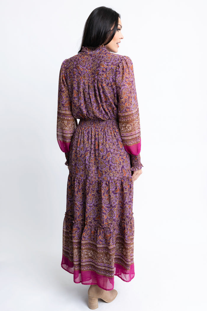 Floral Chiffon Metallic Thread Maxi Dress - Purple