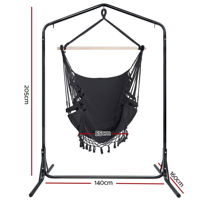 Gardeon Outdoor Hammock Chair with Stand Tassel Hanging Rope Hammocks Grey -Home Living Store - -