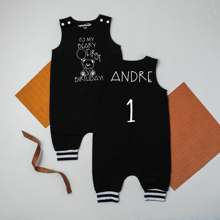 Gray "It's My Beary First Birthday" Birthday Romper with Striped Cuff