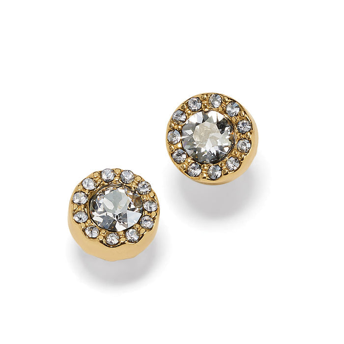Brighton stud earrings with round crystal centers surrounded by pavรฉ crystal halos in gold-plated settings on a white background
