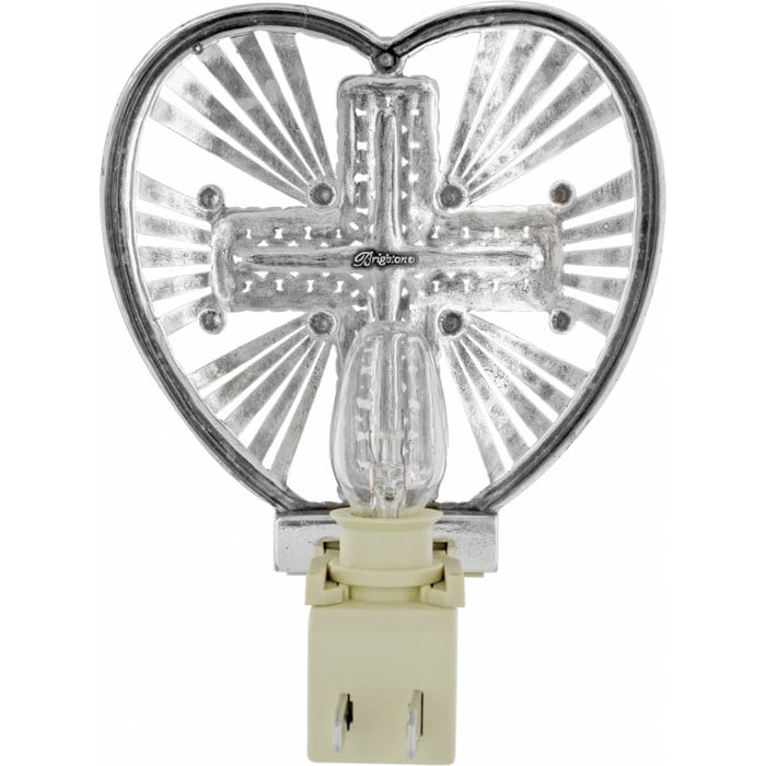 Brighton heart-shaped night light with silver-tone cross design and radiating sunburst pattern on a white background