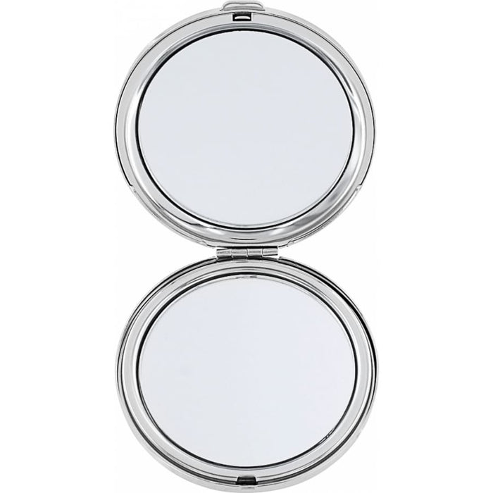 Brighton compact mirror shown open with dual round silver-tone mirrors and hinged clamshell design on a white background