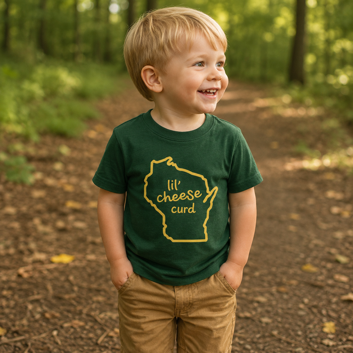 Child wearing a green t-shirt with a yellow lil cheese curd and Wisconsin graphic and text, standing in a forest.