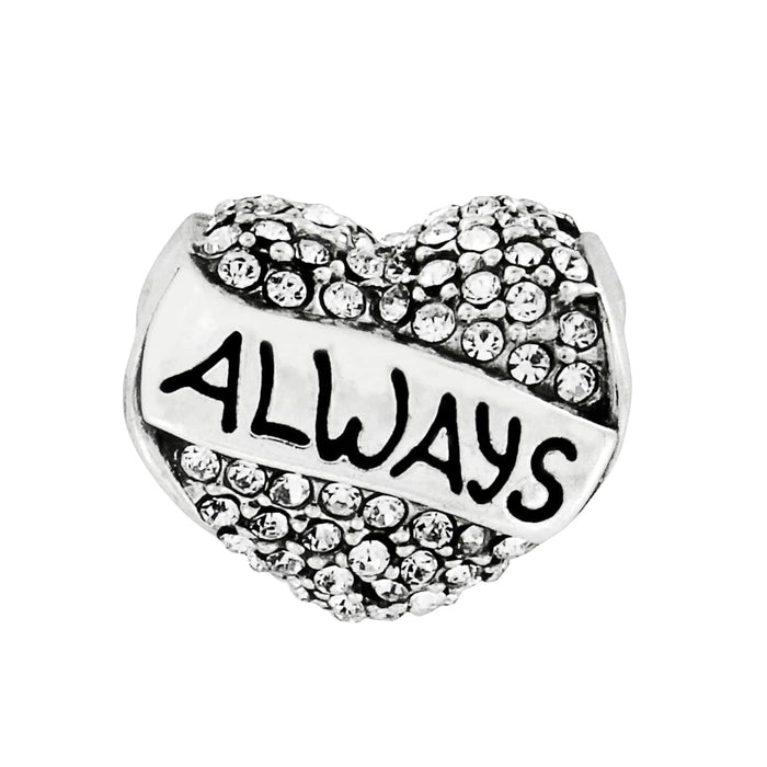 Brighton heart charm with pave crystals and silver-plated banner engraved with the word Always on a white background