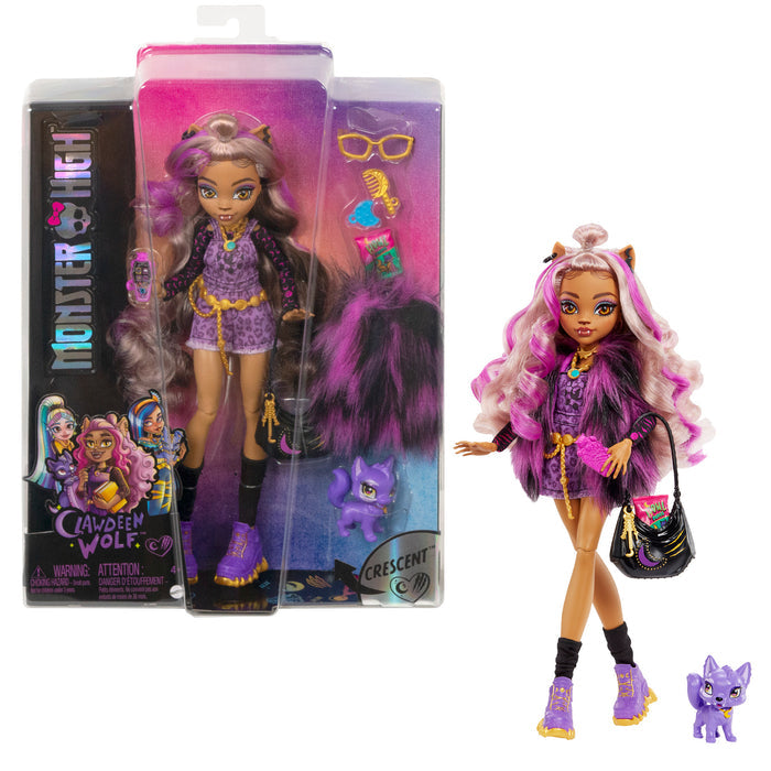 The Mattel Monster High Clawdeen Doll features long wavy hair, a purple animal-print outfit, boots, and fashion accessories. Includes a pet figure, glasses, snacks, and bag. Doll and accessories by Mattel are displayed outside the box.