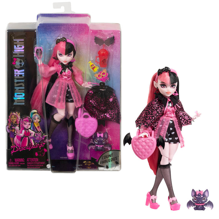 Mattel Monster High Draculaura Doll by Mattel, shown in packaging and displayed with signature vampire fashion—pink hair, bat wings, stylish outfit—and her cute pet bat.