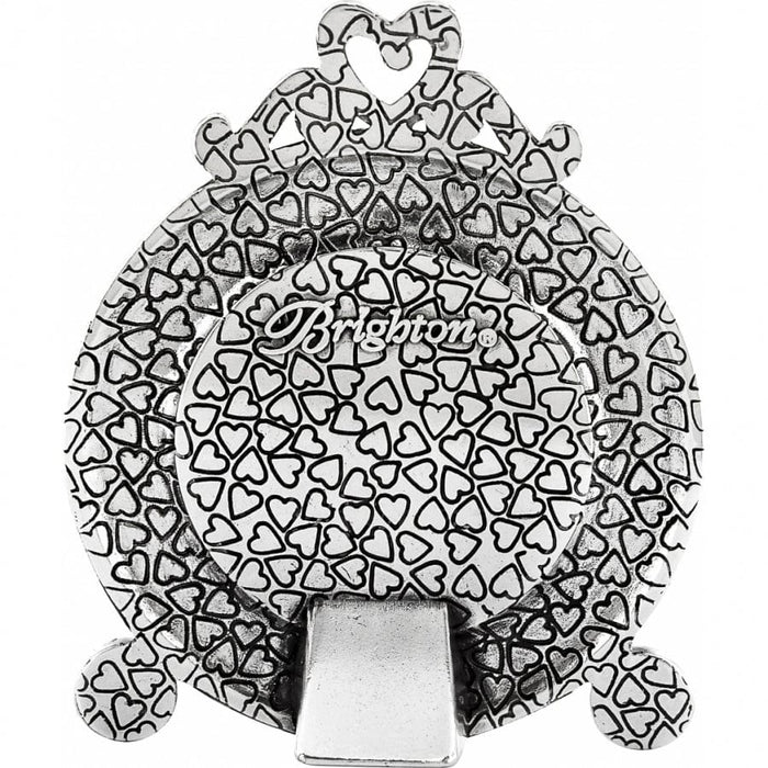 Brighton silver-plated money clip with allover embossed heart pattern and decorative crown top on a white background