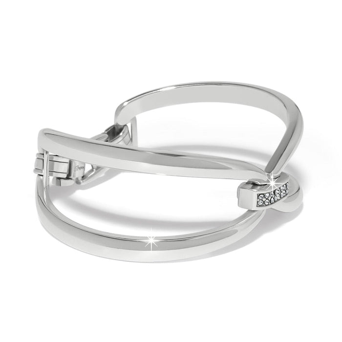 Brighton silver-plated hinged cuff bracelet with open double-band design and crystal accent on a white background