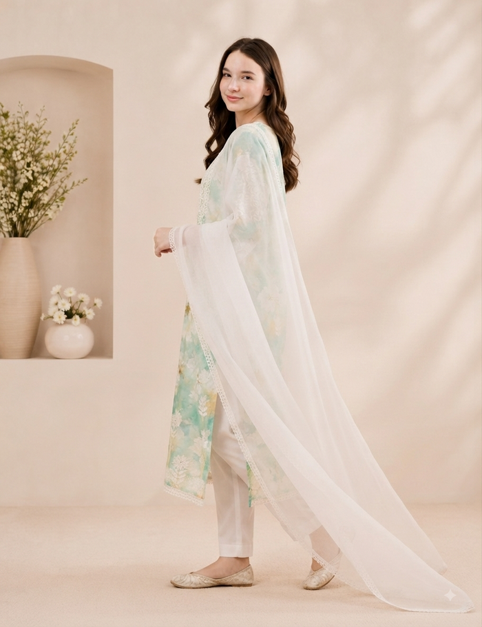 A woman models a traditional three-piece salwar kameez suit in a soft, neutral studio setting. The outfit features a mint green and white floral printed tunic (kameez) with white trousers and a matching sheer white dupatta.
