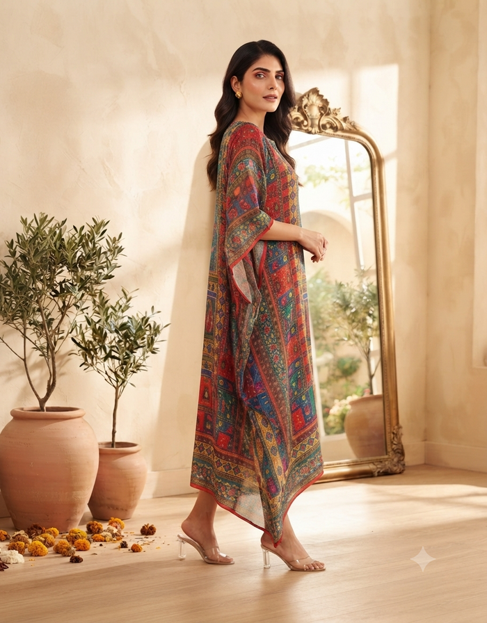 Model wearing a vibrant multi-color patterned kaftan dress in red, turquoise, and green with a matching background and decor.