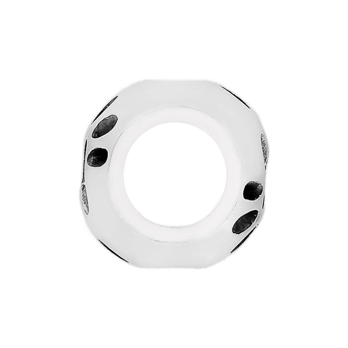 Brighton silver-plated spacer charm with rounded square shape and carved oval cutout details on a white background