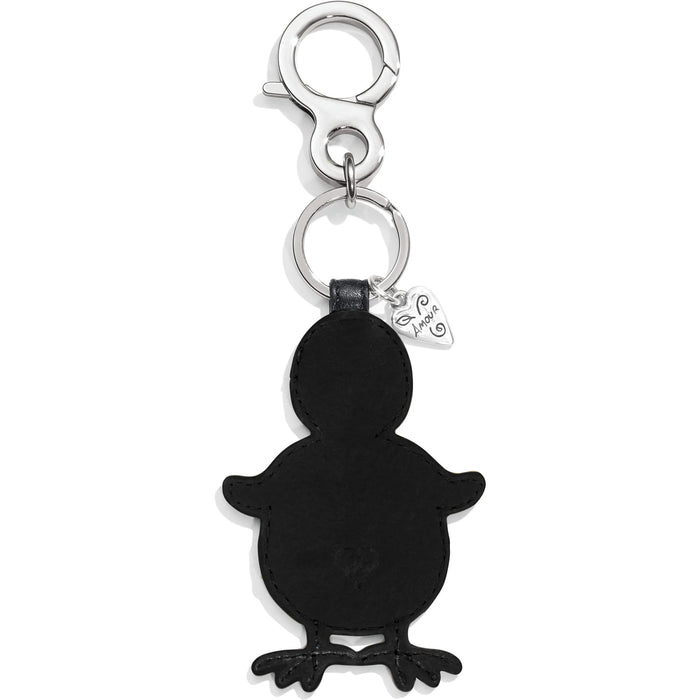 Brighton chick-shaped keychain in black leather with silver-tone clasp and small heart charm on a white background