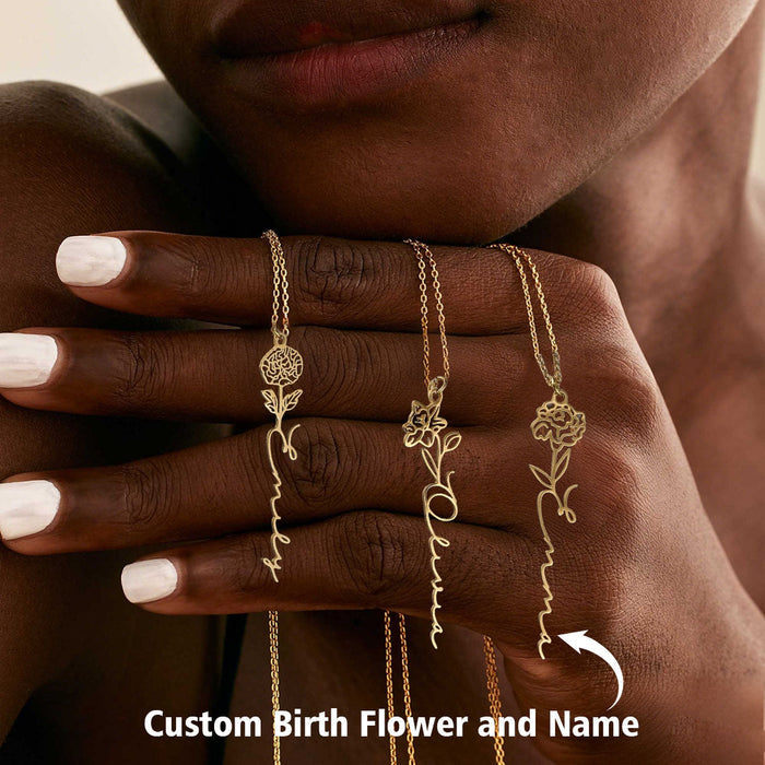 Personalized Custom Birth Flower Name Necklace, Birthday Gift for Women