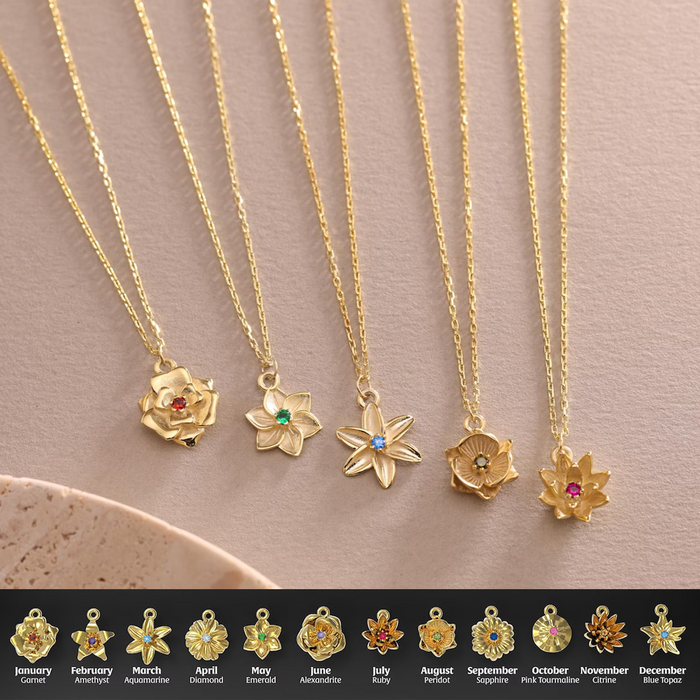 Personalized Custom Birth Flower Necklace With Birthstone, Gift For Her