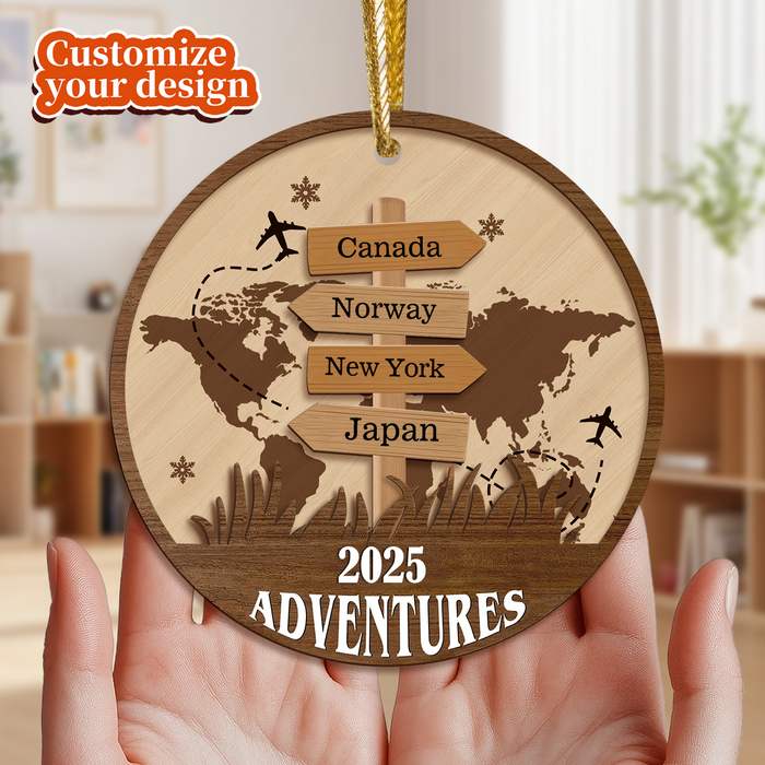 Personalized Travel Adventure 2 Layered Wooden Ornament, Traveling Destination Ornament