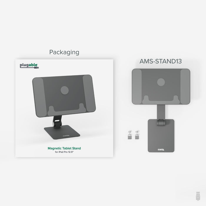 AMS-STAND13 packaging and magnetic tablet stand for iPad Pro 12.9 inch, showing stand components and base.