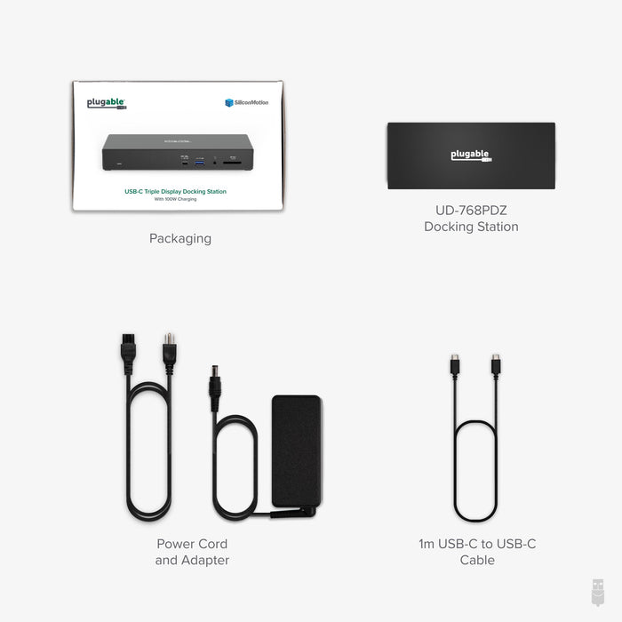 UD-768PDZ contents: packaging, docking station, power cord and adapter, and 1m USB-C to USB-C cable.