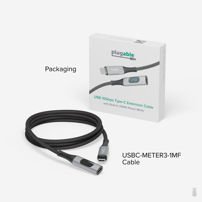 Plugable USBC-METER3-1MF 10Gbps USB-C extension cable with built-in 240W power meter and retail packaging.