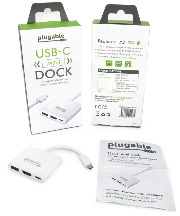 USBC-MD101 features: 5Gbps USB 3.0, 4K 30Hz HDMI, 5-20V 3A pass-through charging. Compatible with Windows, Mac, Linux.
