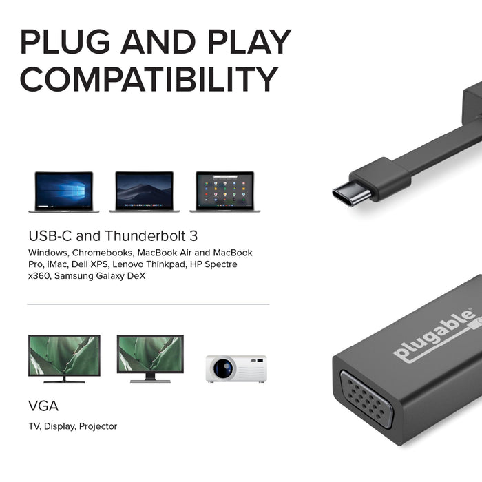 USBC-TVGA compatibility: USB-C/Thunderbolt 3 hosts (Windows, Chromebooks, Mac, Dell, Lenovo, HP, Samsung) to VGA displays.
