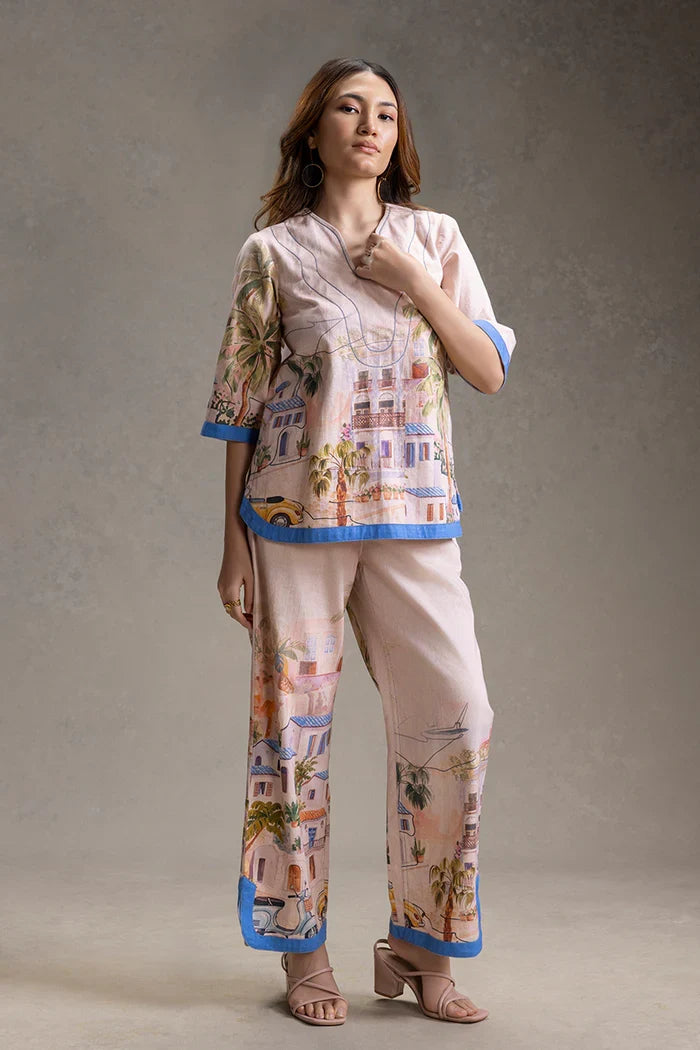 Reviera neck-detail top and pants set