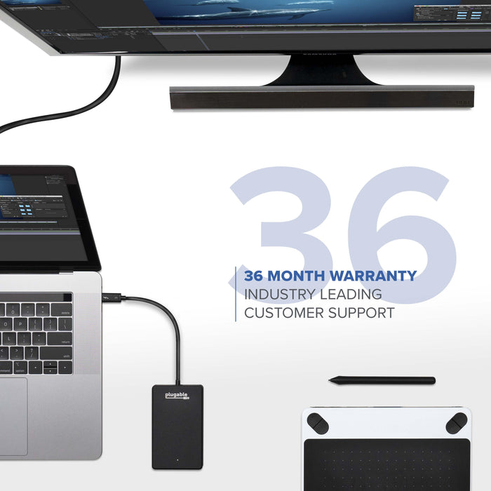 Plugable TBT3-NVME512 SSD connected to a laptop, featuring a 36-month warranty and customer support.