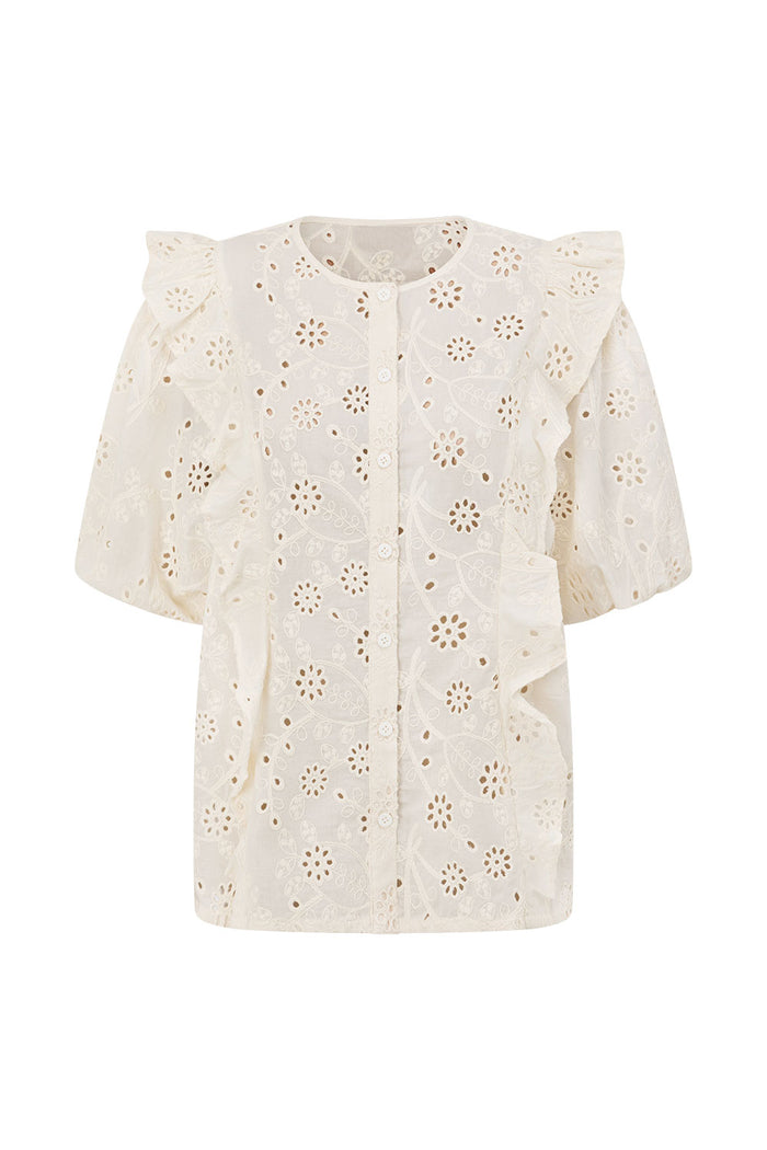 Beige Broderie Ruffle Button Up Wynter Top