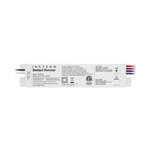 A white Insteon 0-10V Ballast Dimmer device with cables and connection points visible.