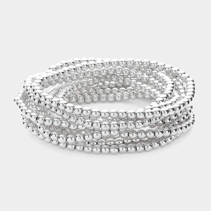 10 PC BEADED STETCH BRACELET SET - SILVER