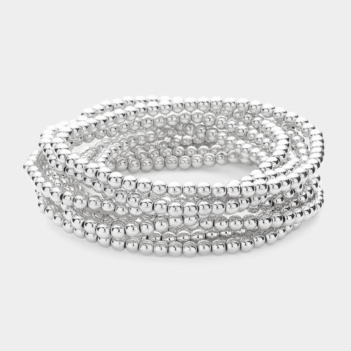 10 PC BEADED STETCH BRACELET SET - SILVER