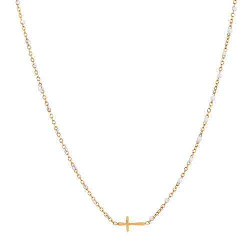 Gold necklace with a small cross pendant on a white background