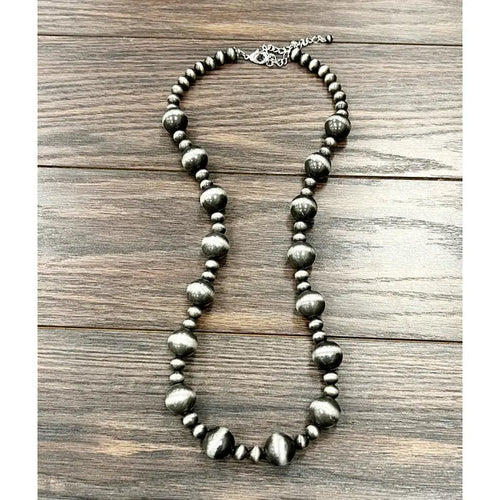30" Large Silver Navajo Inspired Bead Necklace