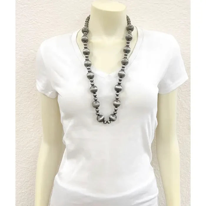 30" Large Silver Navajo Inspired Bead Necklace
