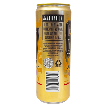Back of 6 7 Water. Purified Water through reverse osmosis. Tall, Sleek can.