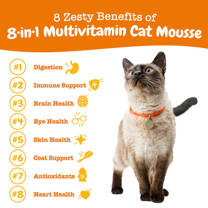 Siamese cat wearing orange collar standing upright with numbered benefit list on orange banner background.