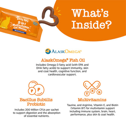 Orange packet of 8-in-1 multivitamin cat mousse with brown applicator, displayed with ingredient information icons below.
