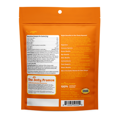 Orange resealable pouch of cat multivitamin mousse with nutritional information, ingredients, and benefits printed on front a