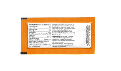 Orange sachtet packet of multivitamin cat mousse with white label showing nutritional information and feeding instructions.