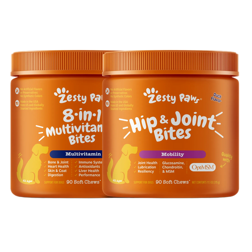 Two orange jars of Zesty Paws pet supplement on a white background