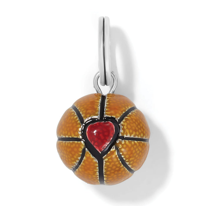 Brighton basketball charm with orange enamel, black lines, red heart accent, and silver-plated split ring on a white background