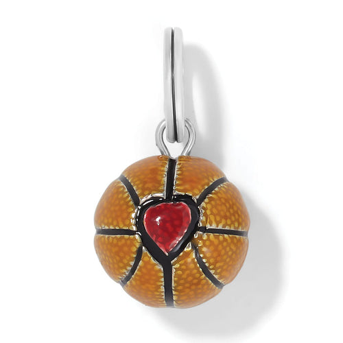 Brighton basketball charm with orange enamel, black lines, red heart accent, and silver-plated split ring on a white background