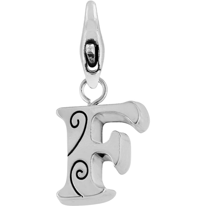 Brighton letter F charm with silver-plated finish and black scroll detail with lobster clasp on a white background