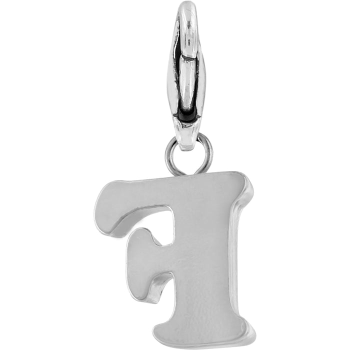 Brighton letter F charm with silver-plated finish and lobster clasp attachment on a white background